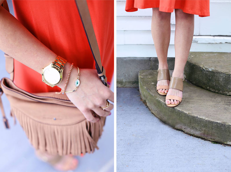 Beautiful outfit details. Abby's gold watch, bracelets and rings complement her beige sandals and tasseled handbag.